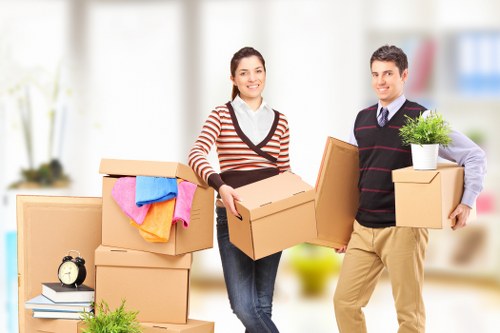 Packed desks and equipment prepared for office removals in Streatham